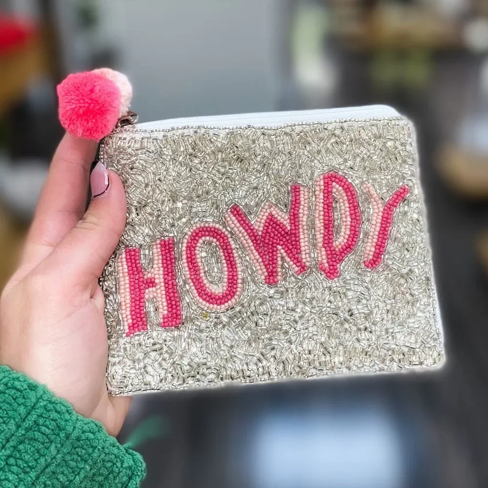Howdy Western Cowgirl Silver Sparkle Beaded Pouch Wallet Bag Pink NEW Gift NWT
